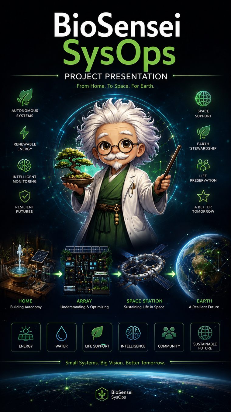 BioSensei SysOps project poster — from home, to space, for Earth